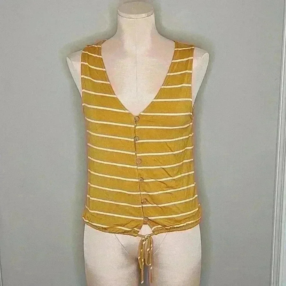 Emory Park Mustard Yellow Stripped Sleeveless Button Down String Tie Bottom Sz S